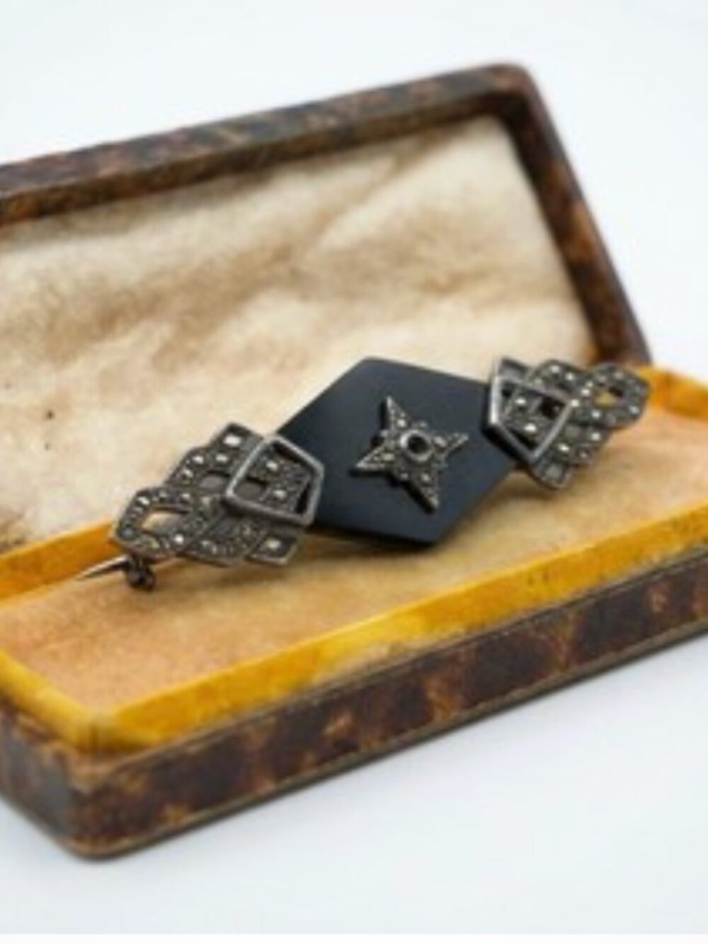 Antique Sterling Marcasite Bar Brooch — Double Buckle & Star Motif. Italy